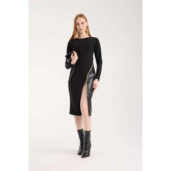 Kadın Bisiklet Yaka Uzun Kollu Deri Ve Fermuar Detay Mini Yırtmaçlı Elbise
