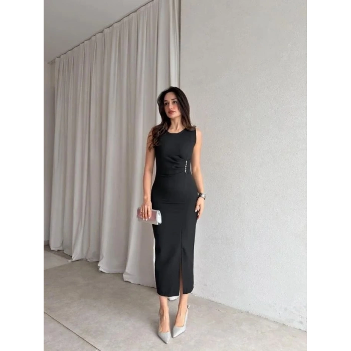 Kadin Bisiklet Yaka Yandanda Kulplu Yirtmac Detay Maxi Boy Elbise