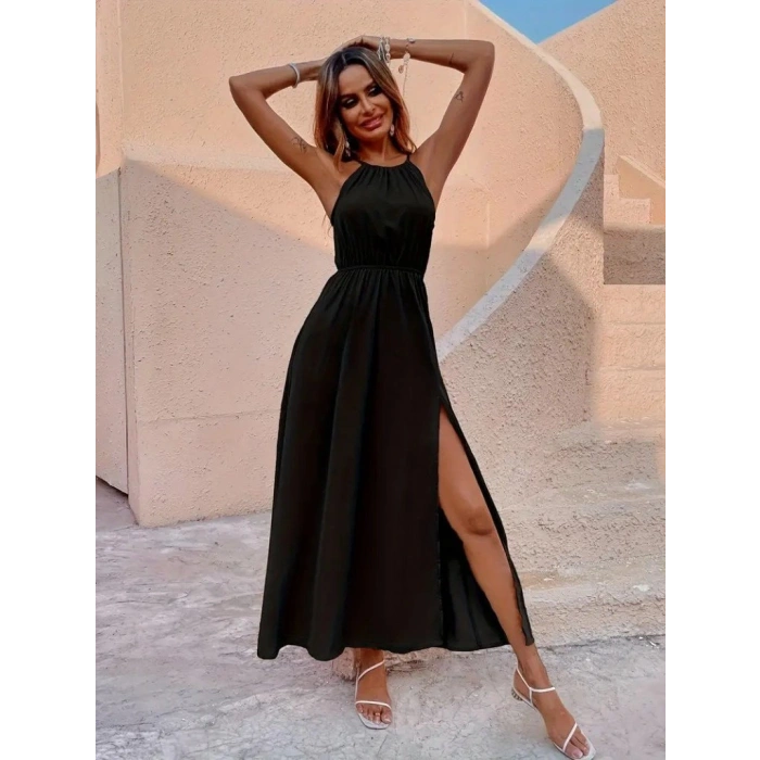 Kadın Boyundan Askılı Belden Lastikli Yandan Yırtmaç Detaylı Viskon Elbise