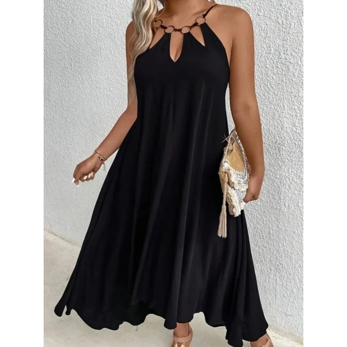 Kadın Boyundan Askılı Damla Detaylı Halkalı Asimetrik Kesim Viskon Elbise