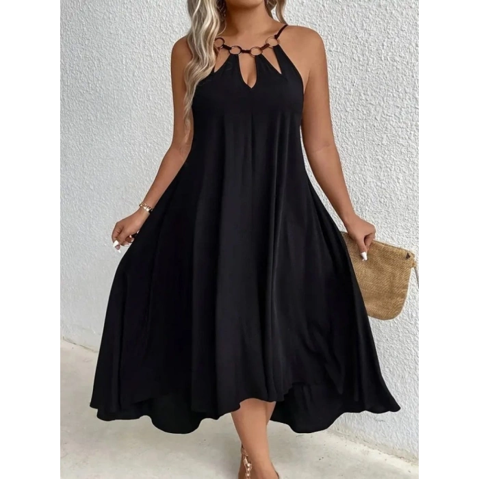 Kadın Boyundan Askılı Damla Detaylı Halkalı Asimetrik Kesim Viskon Elbise