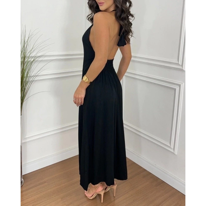 Kadın Boyundan Askılı Halter Kollu Viskon Elbise