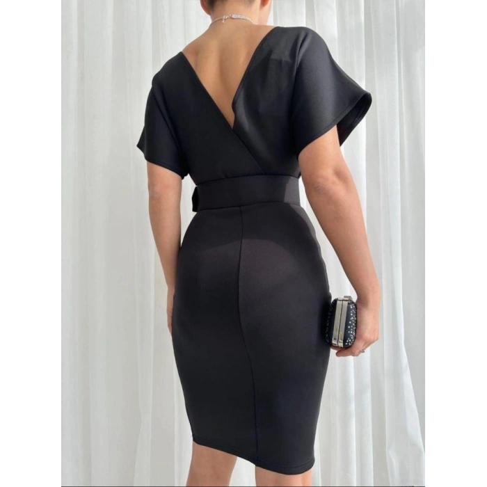 Kadın Dalgıç Krep V Yaka Ve Sırt Dekolte Detaylı Elbise