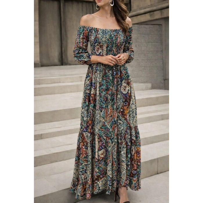 Kadın Düşük Omuzlu Beli Büzgülü Dijital Desenli Kesik Elyaf Süprem Uzun Elbise