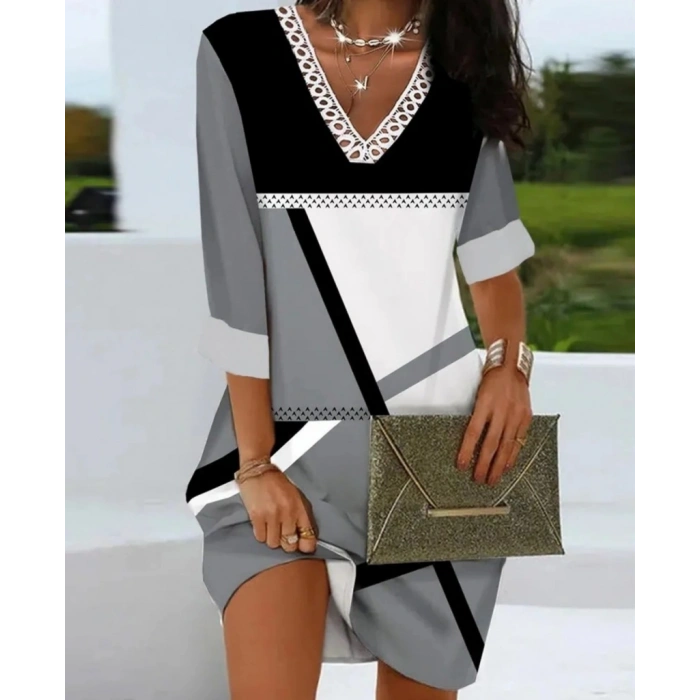 Kadın Fakir Kollu V Dantel Yaka Geometrik Desenli Dalgıç Elbise