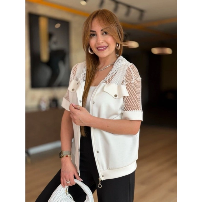 Kadın Fileli Kapüşonlu Modal Ceket