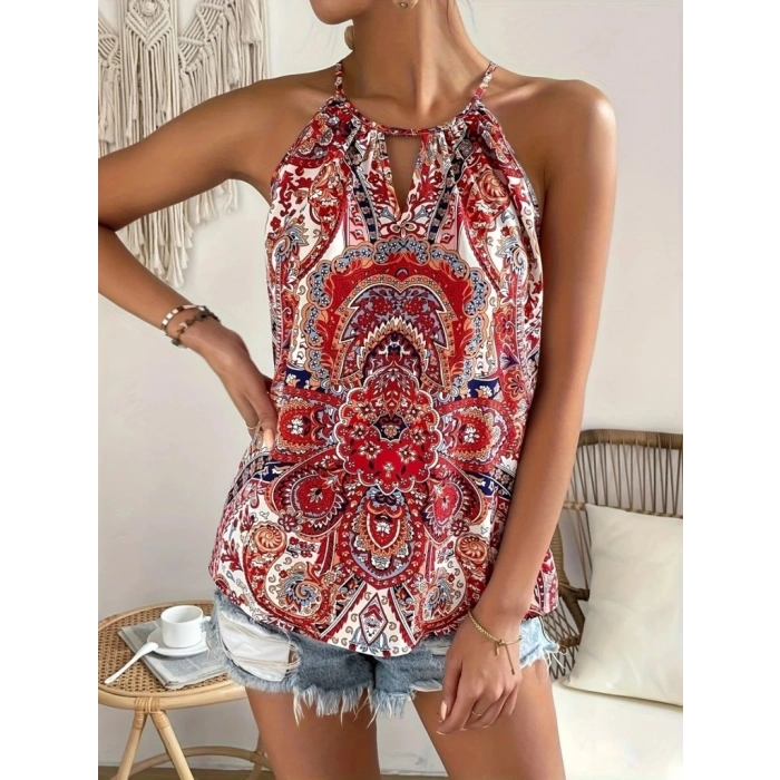 Kadın Halter Kollu Damla Detaylı Desenli Süprem Bluz