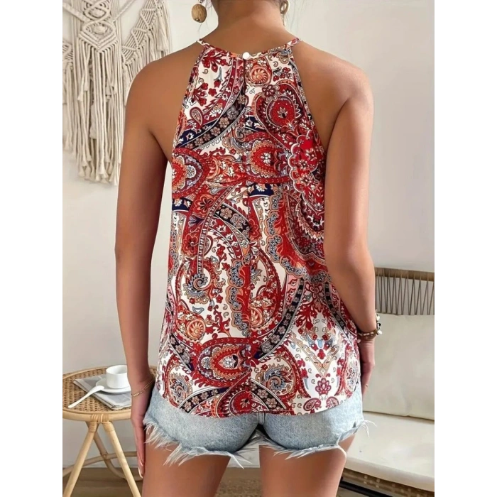 Kadın Halter Kollu Damla Detaylı Desenli Süprem Bluz