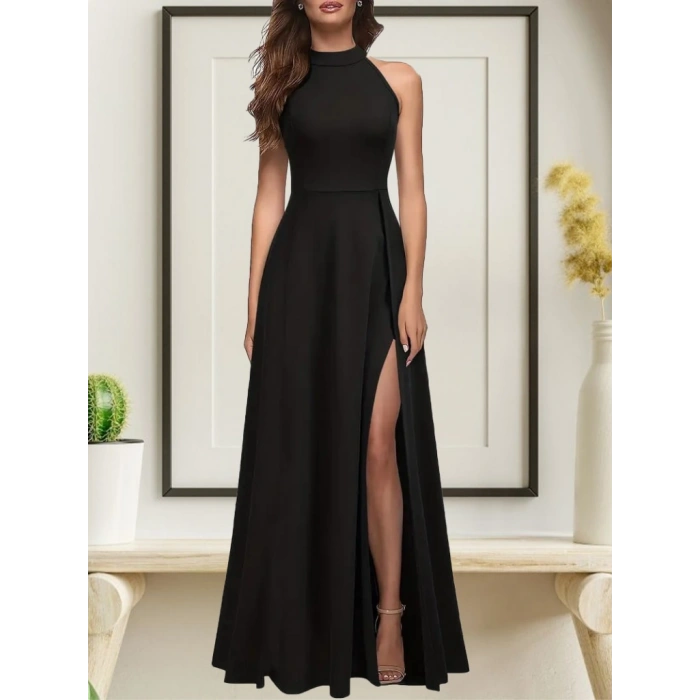 Kadın Halter Yaka Derin Yırtmaç Detaylı Tam Boy Ithal Krep Abiye Elbise