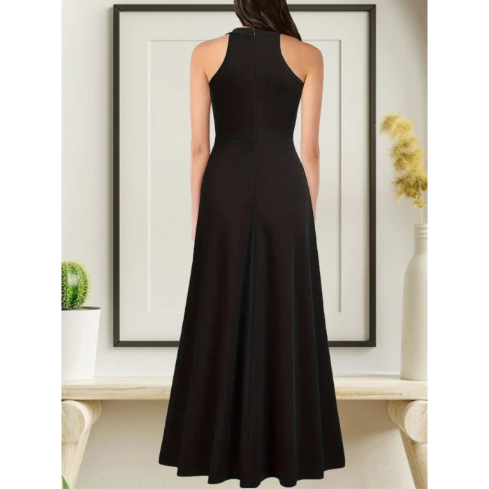 Kadın Halter Yaka Derin Yırtmaç Detaylı Tam Boy Ithal Krep Abiye Elbise