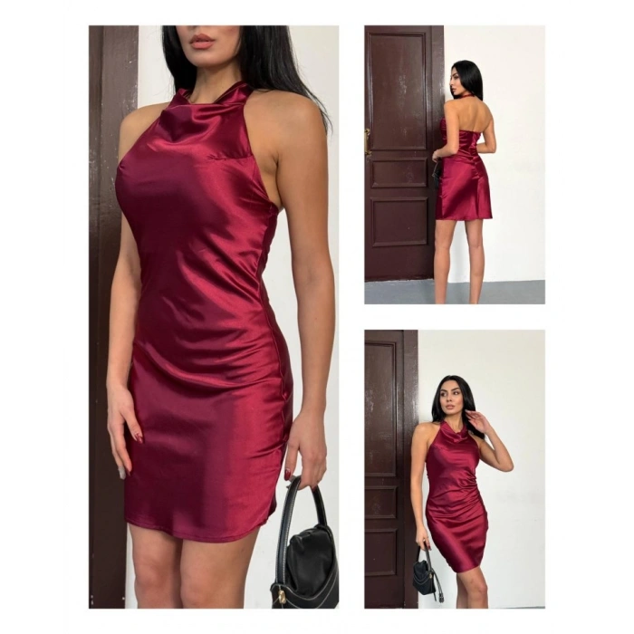 Kadın Halter Yaka Sırt Dekolteli Mini Saten Elbise