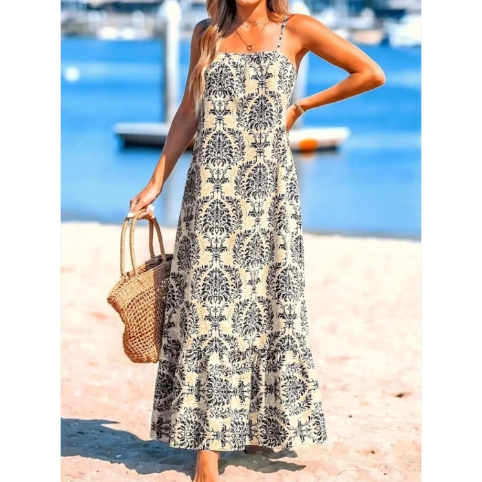 Kadın Ip Askılı Desenli Fırfırlı Süprem Elbise