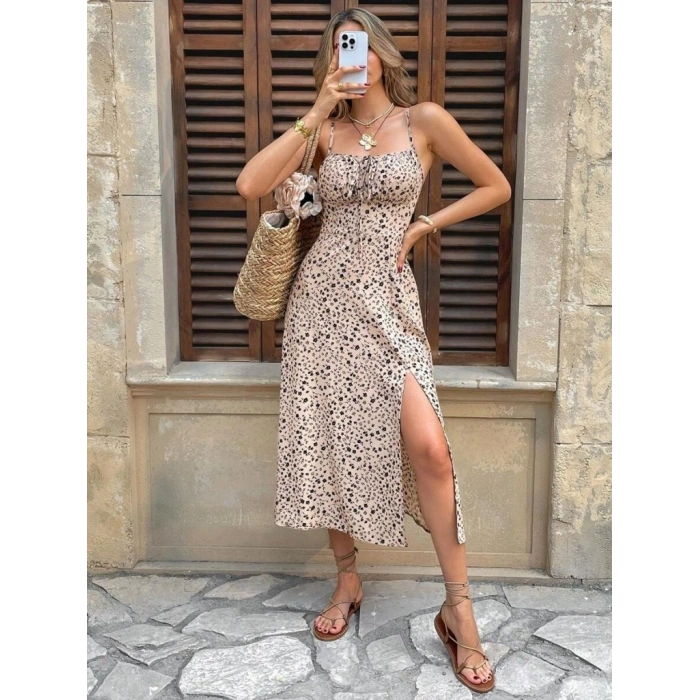 Kadın Ip Askılı Desenli Yırtmaçlı Süprem Midi Elbise