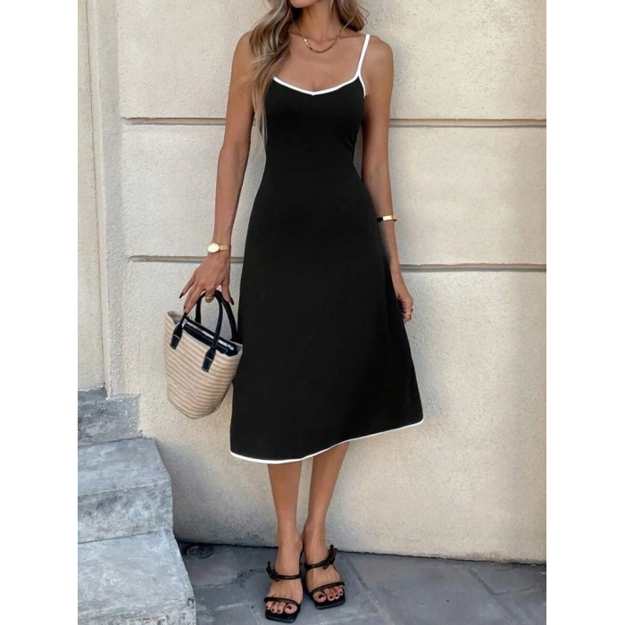 Kadın Ip Askılı Geniş V Yakalı Midi Janjan Krep Elbise