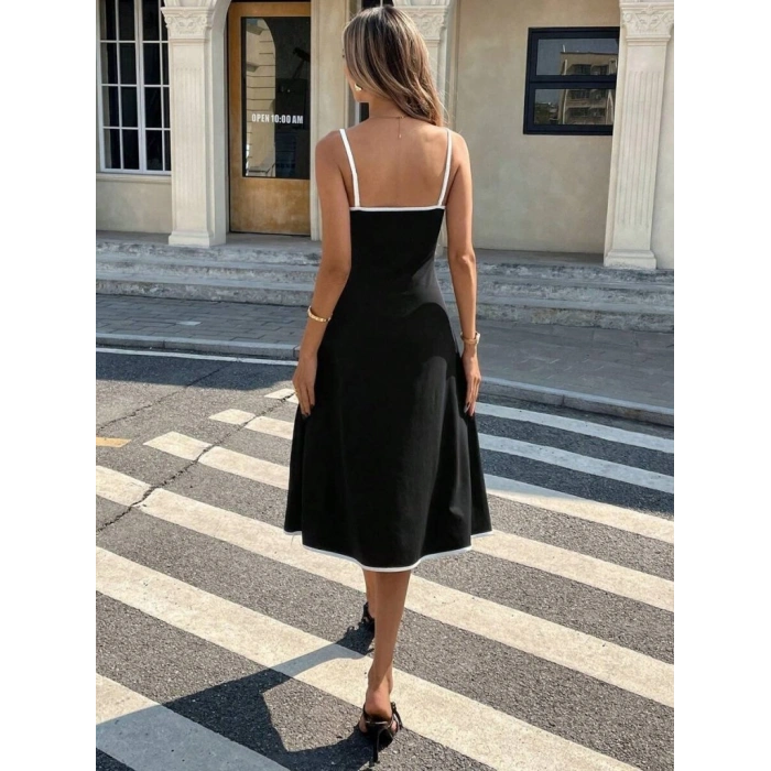 Kadın Ip Askılı Geniş V Yakalı Midi Janjan Krep Elbise