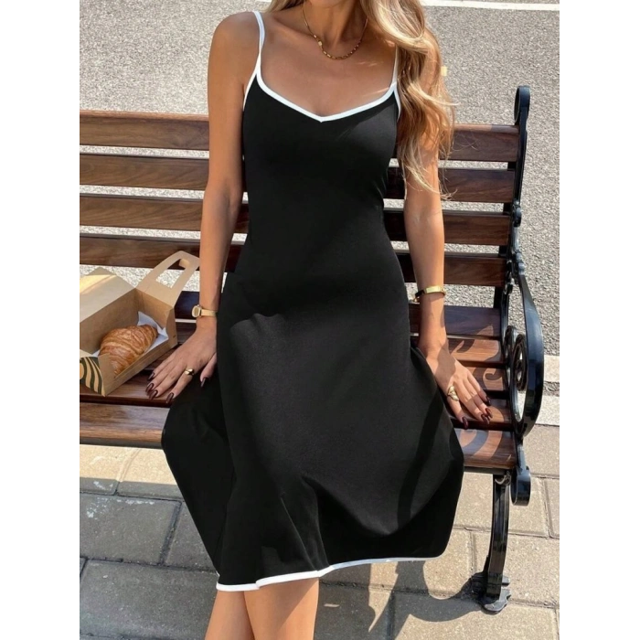 Kadın Ip Askılı Geniş V Yakalı Midi Janjan Krep Elbise