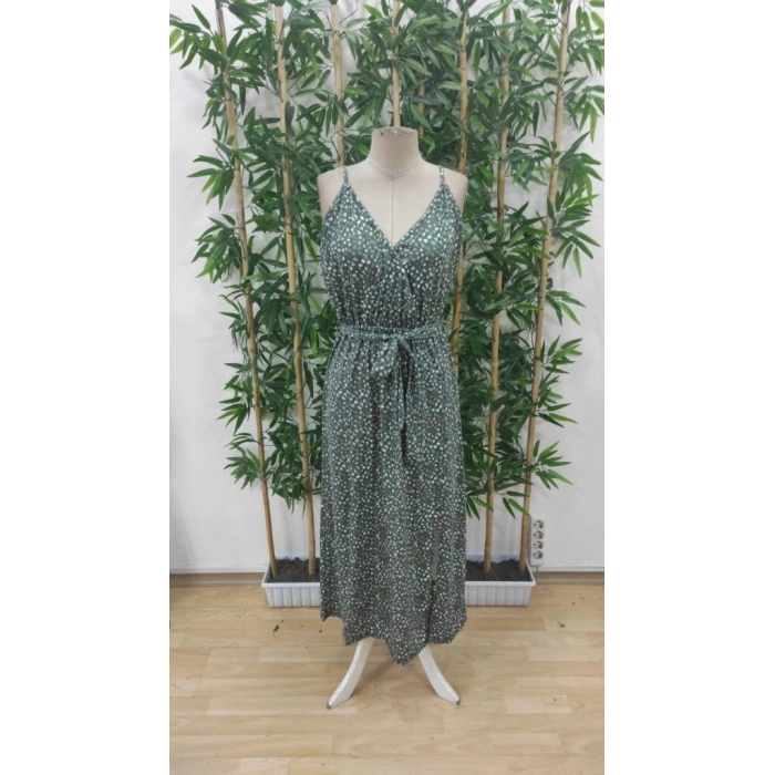 Kadın Ip Askılı Kruvaze Yakalı Yırtmaçlı Uzun Desenli Kuşaklı Süprem Elbise