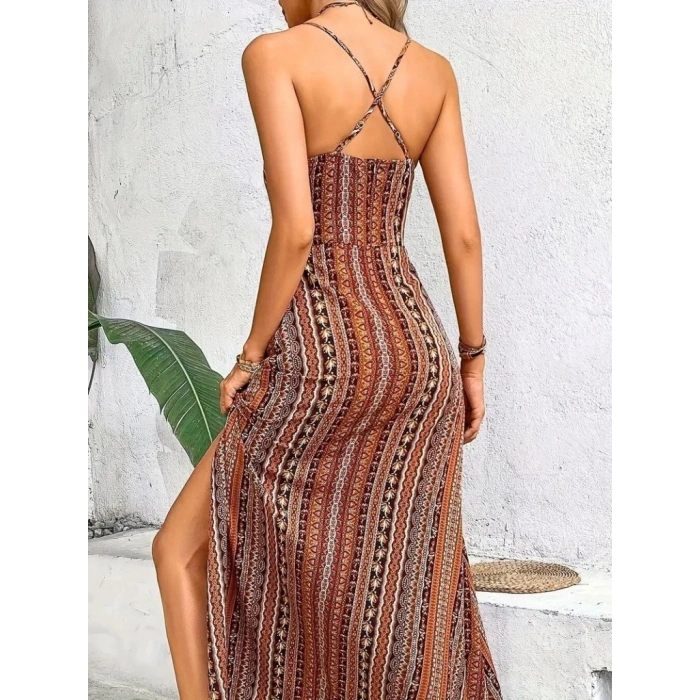 Kadın Ip Askılı Sırttan çapraz Detaylı Yırtmaçlı Desenli Süprem Elbise