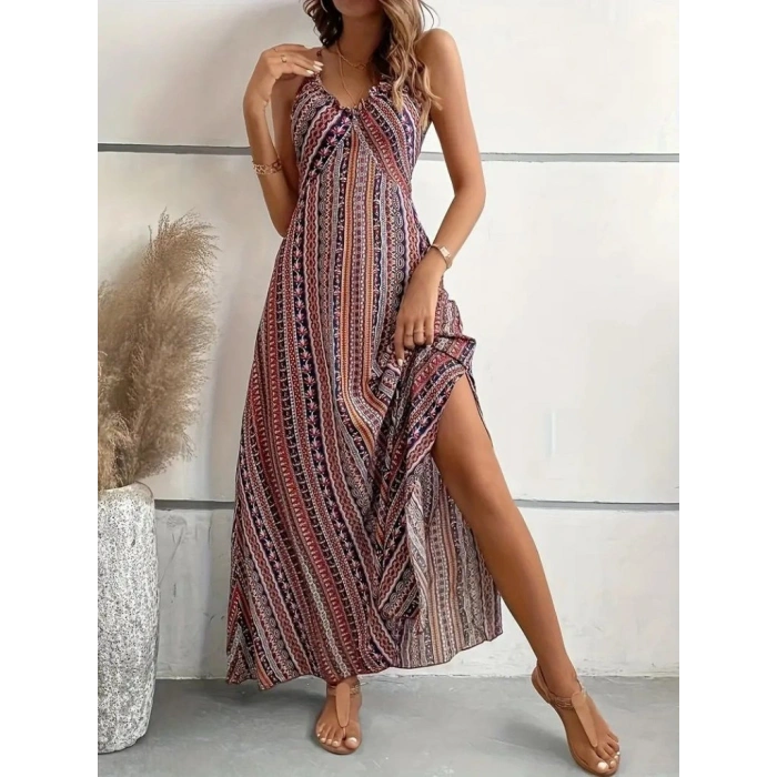 Kadın Ip Askılı Sırttan çapraz Detaylı Yırtmaçlı Desenli Süprem Elbise