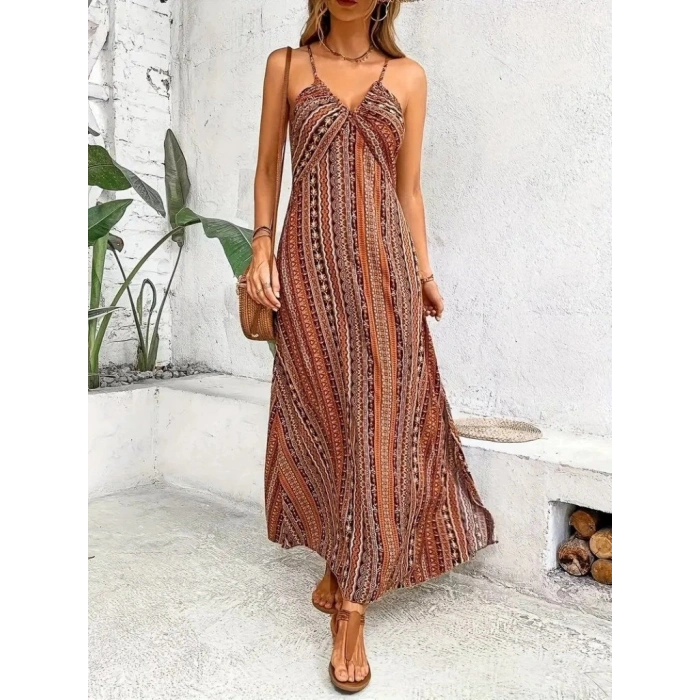 Kadın Ip Askılı Sırttan çapraz Detaylı Yırtmaçlı Desenli Süprem Elbise