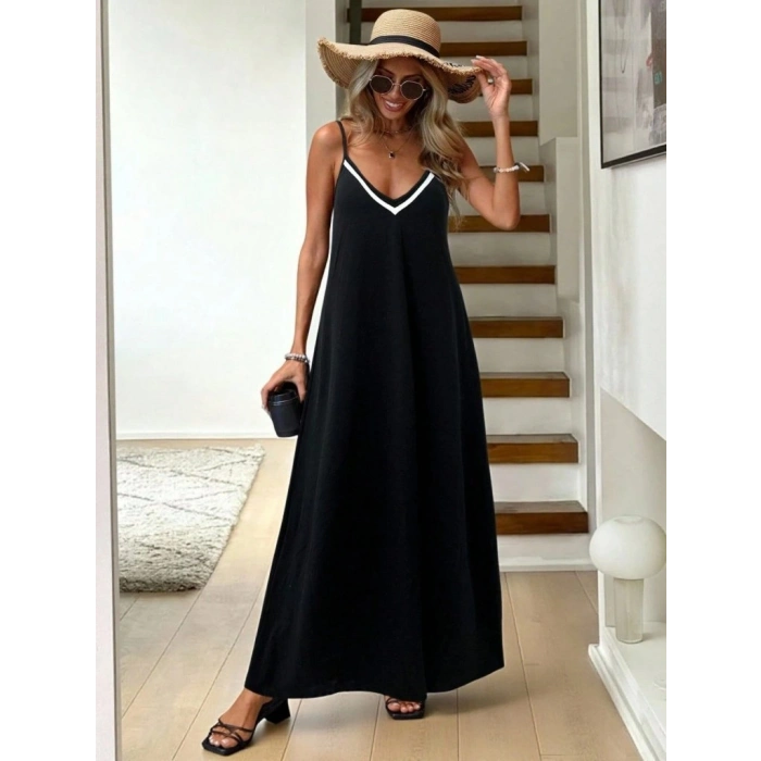 Kadın Ip Askılı V şerit Yakalı Uzun Viskon Elbise