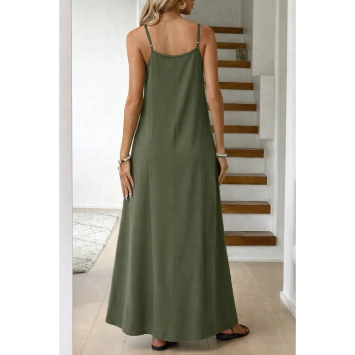 Kadın Ip Askılı V şerit Yakalı Uzun Viskon Elbise