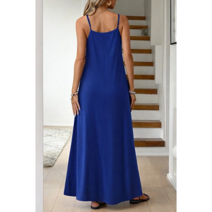 Kadın Ip Askılı V şerit Yakalı Uzun Viskon Elbise