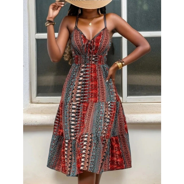 Kadın Ip Askılı V Yakalı Bağcıklı Beli Lastikli Desenli Süprem Elbise