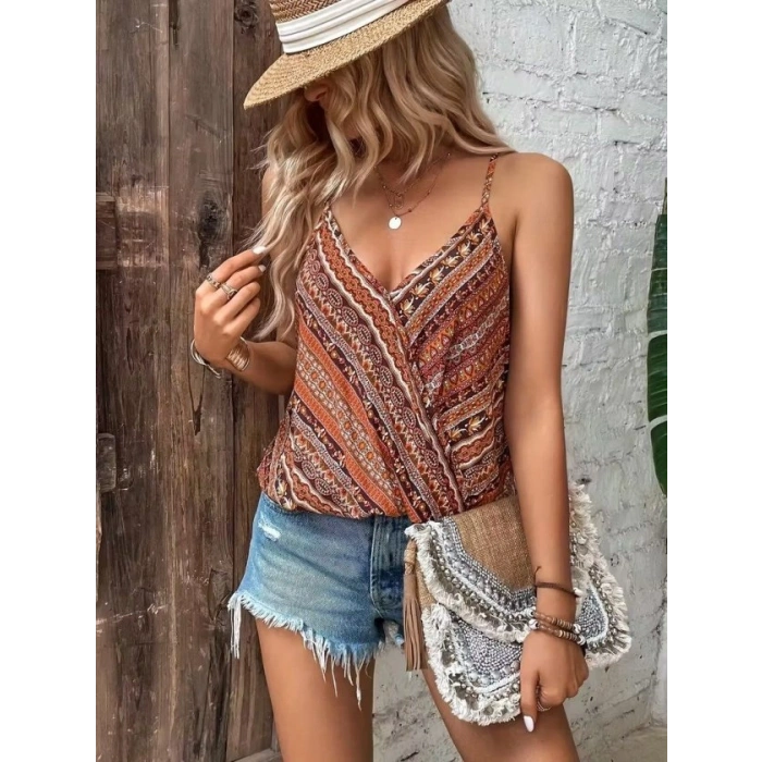 Kadın Ip Askılı V Yakalı Desenli Süprem Bluz