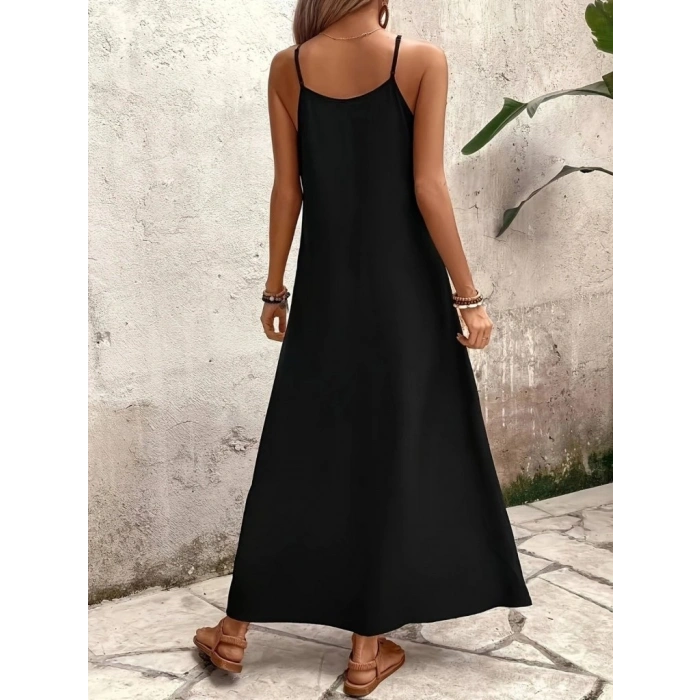 Kadın Ip Askılı V Yakalı Desenli Süprem Maxi Elbise