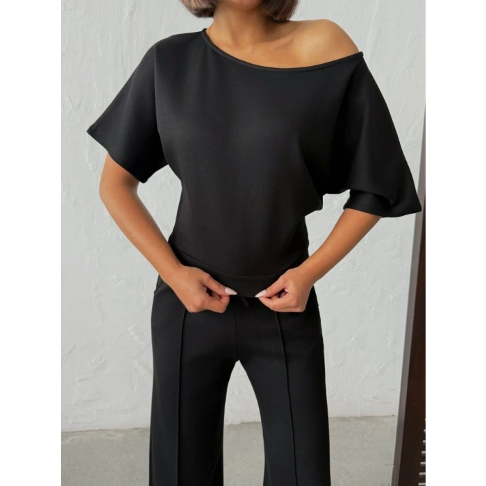 Kadın İsa Kollu Kayık Yaka Bluz Ve Pantolon Misal Kumaş Ikili Takım