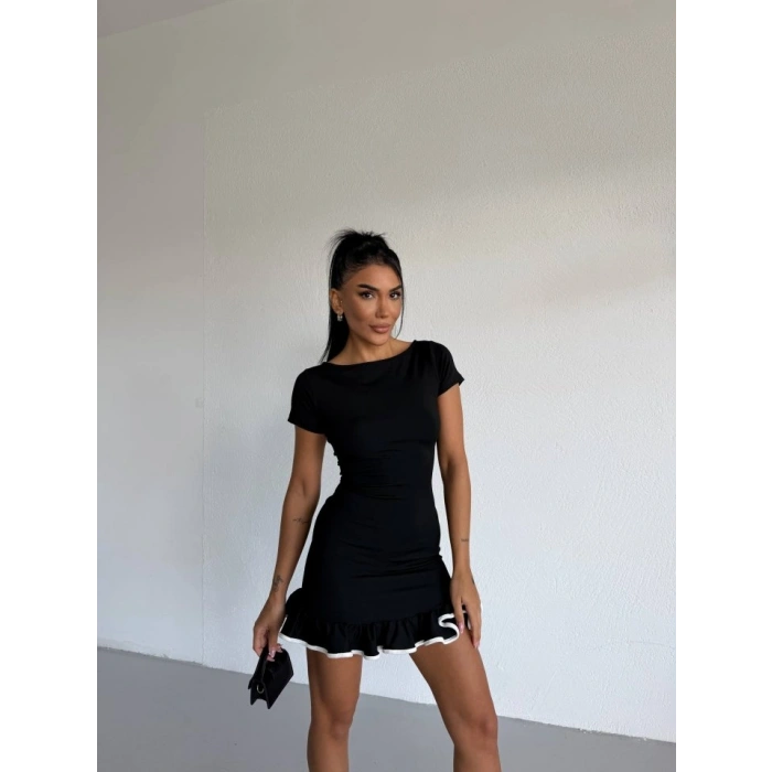 Kadın Kayık Yaka Kısa Kollu Eteği Olan Detay Dalgıç Kumaş Mini Elbise