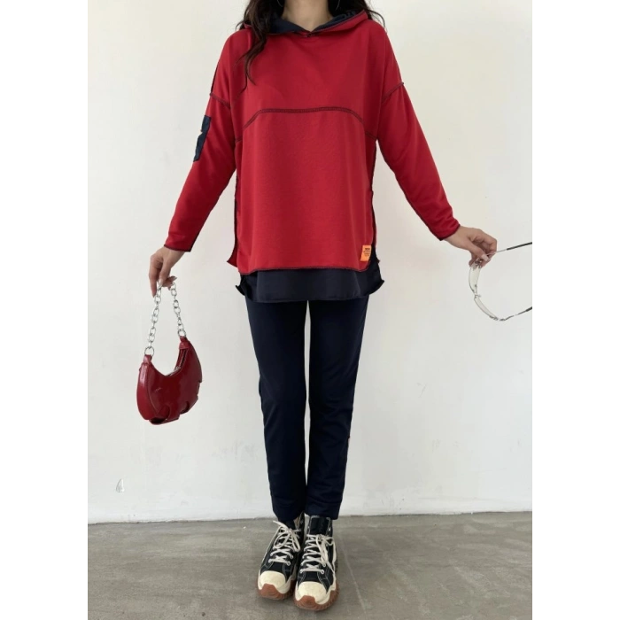 Kadın Kırmızı Kapşonlu Etek Ucu Detay Arma Ters Dikiş Gorunumlu Ikili Takım