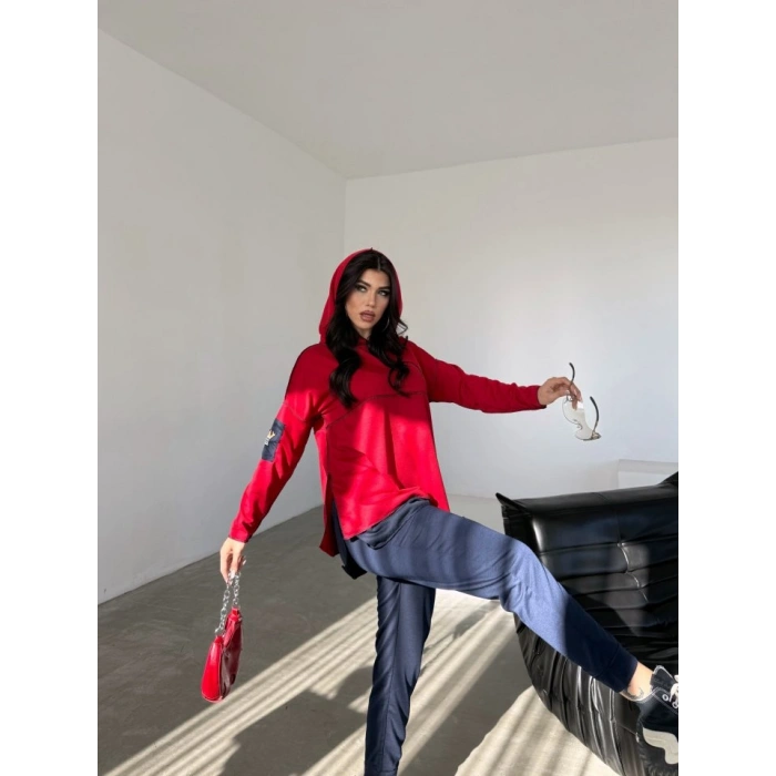 Kadın Kırmızı Kapşonlu Etek Ucu Detay Arma Ters Dikiş Gorunumlu Ikili Takım