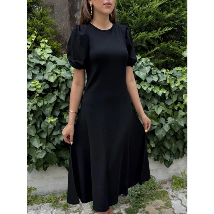 Kadın Kısa Balon Kollu Bisiklet Yaka Geniş Kesim Janjan Krep Elbise