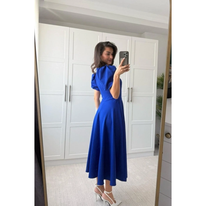 Kadın Kısa Balon Kollu Bisiklet Yaka Geniş Kesim Janjan Krep Elbise