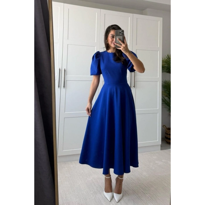 Kadın Kısa Balon Kollu Bisiklet Yaka Geniş Kesim Janjan Krep Elbise