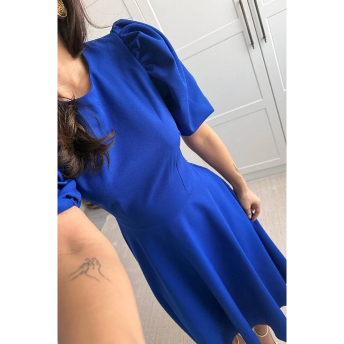 Kadın Kısa Balon Kollu Bisiklet Yaka Geniş Kesim Janjan Krep Elbise