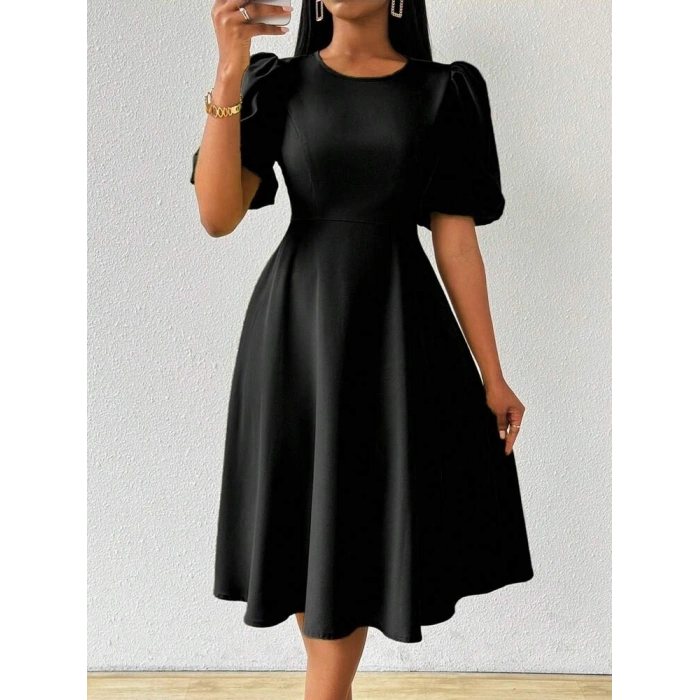 Kadın Kısa Balon Kollu Bisiklet Yaka Kiloş Janjan Krep Elbise