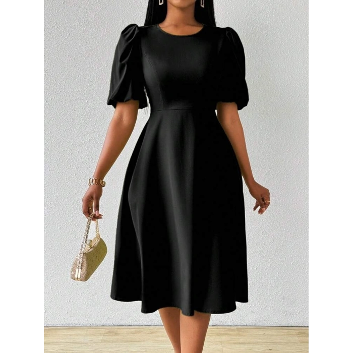 Kadın Kısa Balon Kollu Bisiklet Yaka Kiloş Janjan Krep Elbise