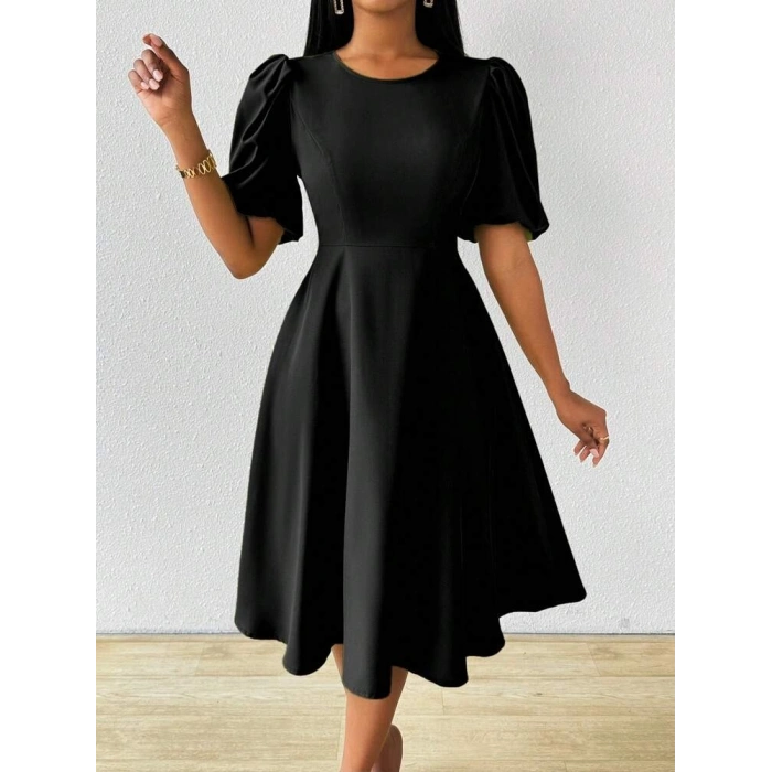 Kadın Kısa Balon Kollu Bisiklet Yaka Kiloş Janjan Krep Elbise