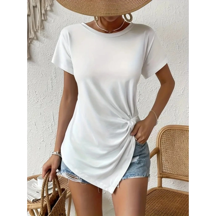 Kadın Kısa Kollu Asimetrik Kesim Bel Büzgü Düğüm Detay Viskon Bluz