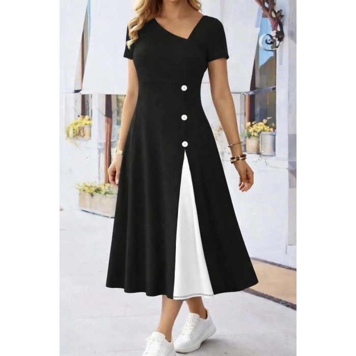 Kadın Kısa Kollu Asimetrik Yakalı Düğme Detaylı Midi Viskon Elbise