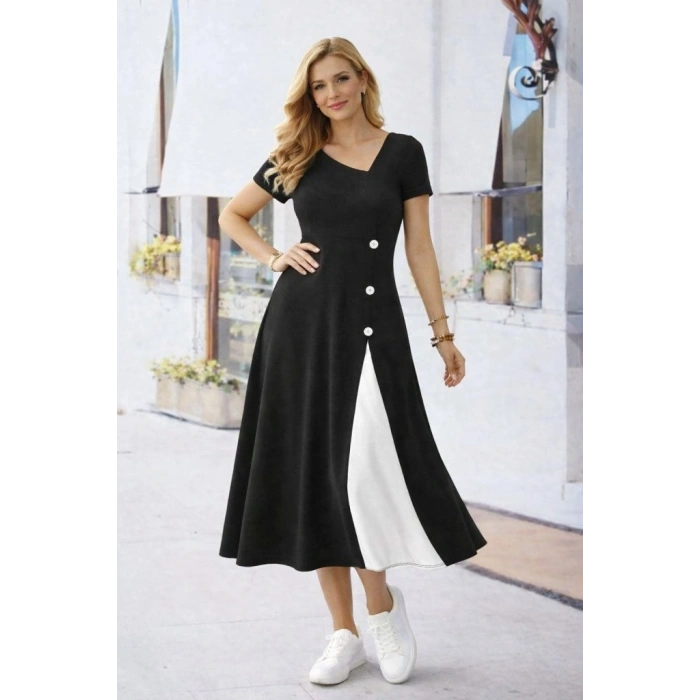 Kadın Kısa Kollu Asimetrik Yakalı Düğme Detaylı Midi Viskon Elbise