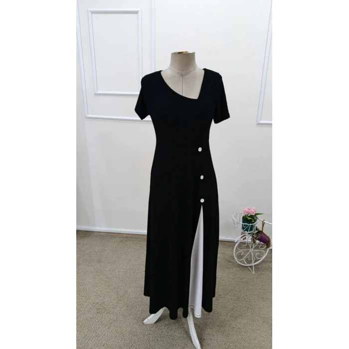 Kadın Kısa Kollu Asimetrik Yakalı Düğme Detaylı Midi Viskon Elbise