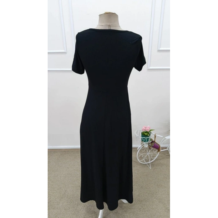 Kadın Kısa Kollu Asimetrik Yakalı Düğme Detaylı Midi Viskon Elbise