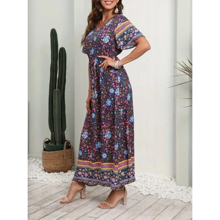 Kadın Kısa Kollu Beli Lastikli çiçek Desen Tam Boy Elbise