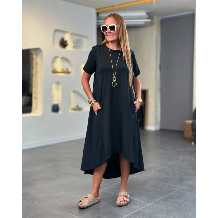 Kadın Kısa Kollu Bisiklet Yaka Asimetrik Kesim ön Viskon Arkası Trikoton Elbise