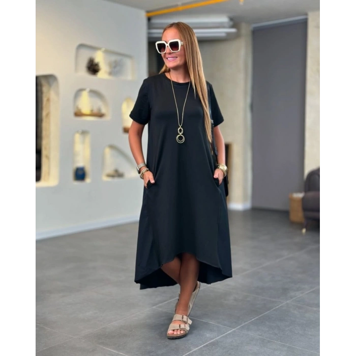 Kadın Kısa Kollu Bisiklet Yaka Asimetrik Kesim ön Viskon Arkası Trikoton Elbise