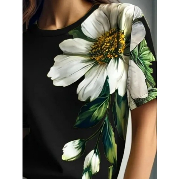 Kadın Kısa Kollu Bisiklet Yaka çiçek Baskılı Süprem Bluz